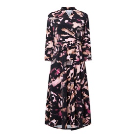 Joseph Ribkoff Printed Wrap Dress in black/multi abstract print, three-quarter sleeves, flared midi skirt, chain hardware waist detail