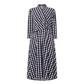 Joseph Ribkoff Printed Wrap Dress in Brown/Multi polka dot, three-quarter sleeves, chain hardware waist detail, flared midi skirt