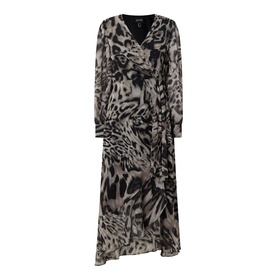 Joseph Ribkoff grey multi animal print wrap-style midi dress with long sleeves and asymmetric hem, 100% polyester