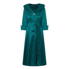 Joseph Ribkoff opulent green satin midi dress with hood, self-tie belt, and cuffed long sleeves