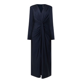 Joseph Ribkoff Draped Cinched Dress in Midnight Blue with V-neckline, twisted front detail, long sleeves, and midi-length front slit.