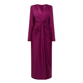 Joseph Ribkoff Draped Cinched Dress in Berry Burst, V-neckline, twisted front detail, gathered drape, long sleeves, midi length