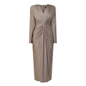 Joseph Ribkoff platinum grey maxi dress with V-neckline, ruched twist front detail, and long sleeves