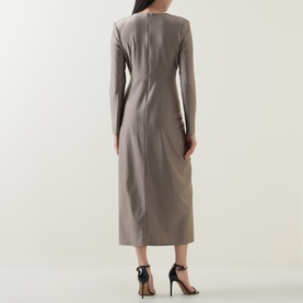 Model wearing Joseph Ribkoff platinum grey long-sleeve midi dress, back view, styled with black strappy heels.