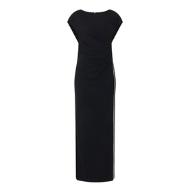 Joseph Ribkoff Rhinestone Side-Slit Gown Dress in black, cap sleeves, boat neck, cinched waist, rhinestone-trimmed front split, maxi length