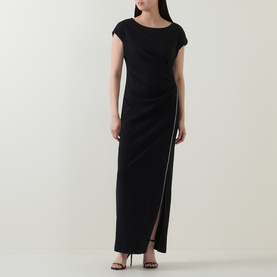 Model wearing Joseph Ribkoff Rhinestone Side-Slit Gown Dress in black, cap sleeves, boat neck, maxi length with rhinestone-trimmed front split