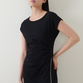 Model wearing Joseph Ribkoff Rhinestone Side-Slit Gown Dress in black, showing cinched waist, cap sleeves, and rhinestone-trimmed front split detail.