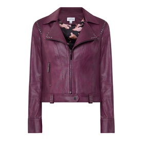 Joseph Ribkoff Studded Faux Leather Jacket in Elderberry with notch lapel, front zip fastening, and silver stud detailing along collar and hem