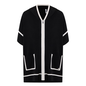 Joseph Ribkoff black and birch oversized zip-front jacket with white contrast trim, V-neck, short sleeves, and patch pockets