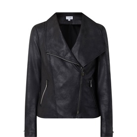 Joseph Ribkoff Asymmetric Faux Leather Biker Jacket in black with notched lapels, asymmetric zip, and side zip pockets