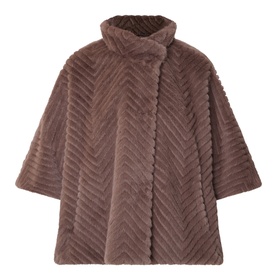 Joseph Ribkoff Chevron Quilted Faux Fur Jacket in Mink, featuring funnel neck, half-length sleeves, and chevron-patterned faux fur finish
