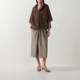 Model wearing Joseph Ribkoff Chevron Quilted Faux Fur Jacket in Mink, styled with taupe wide-leg trousers and beige heels.