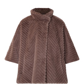 Joseph Ribkoff Chevron Quilted Faux Fur Jacket in Mink, featuring funnel neck, half-length sleeves, and chevron-patterned faux fur finish