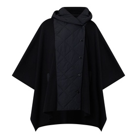 Joseph Ribkoff black cape jacket with quilted front panel, snap buttons, and oversized hood, one size