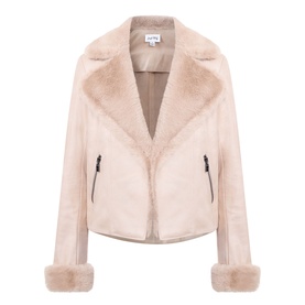 Joseph Ribkoff Jacket in Soft Taupe, faux shearling with wide lapels, zip pockets, and fur-trimmed cuffs
