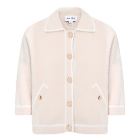 Joseph Ribkoff Jacket in Oatmeal/Winter White, button-front with contrast trim, patch pockets and three-quarter sleeves