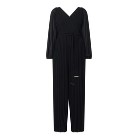 Joseph Ribkoff black pleated jumpsuit with V-neckline, long sleeves, and tie waist detail in 100% polyester