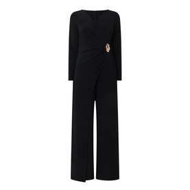 Joseph Ribkoff black long-sleeve wrap-front jumpsuit with gold buckle detail, wide-leg silhouette, 96% polyester