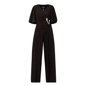 Joseph Ribkoff bronze jumpsuit with flutter sleeves, wrap-effect V-neckline, gold pin detail, and wide-leg trousers