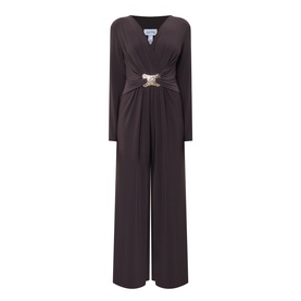 Joseph Ribkoff mocha jumpsuit with V-neckline, long sleeves, gold waist buckle detail, and wide-leg trousers