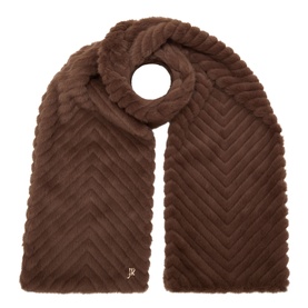 Joseph Ribkoff mink faux fur scarf with chevron quilted texture and small logo embroidery, styled looped at one end