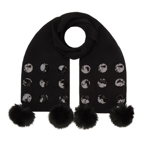 Joseph Ribkoff Pom Pom Embellished Knitted Scarf in black with sequin disc detail and four fluffy pom pom appliqu&eacute;s