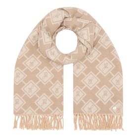 Joseph Ribkoff Jacquard Logo Fringed Scarf in Oatmeal/Gold with all-over diamond logo print and fringe edges
