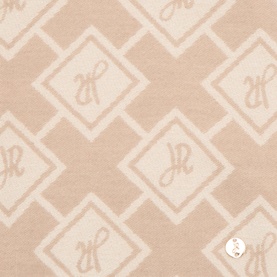 Joseph Ribkoff Jacquard Logo Fringed Scarf in oatmeal, close-up of diamond logo jacquard pattern with soft knit finish.
