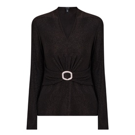 Joseph Ribkoff bronze long-sleeve top with V-neckline, gathered waist, and embellished hexagonal buckle detail