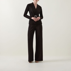 Model wearing Joseph Ribkoff Bronze Top with wide-leg black trousers and a black belted waist detail.