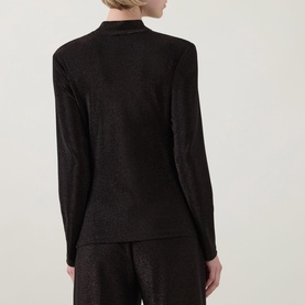 Model wearing Joseph Ribkoff bronze metallic top, back view, with mock neck and long sleeves, styled with matching wide-leg trousers