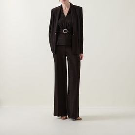 Model wearing Joseph Ribkoff Bronze Top with black blazer, wide-leg trousers and buckle belt.