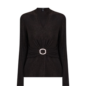Joseph Ribkoff bronze long-sleeve top with V-neckline, gathered waist, and embellished hexagonal buckle detail