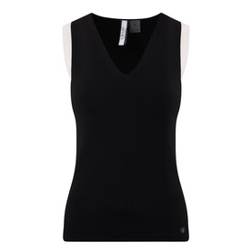 Joseph Ribkoff sleeveless V-neck top in black and birch, fitted ribbed silhouette with contrast white strap detail at shoulders
