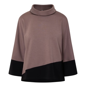 Joseph Ribkoff mink and black colour-block turtleneck top with wide sleeves and asymmetric hem