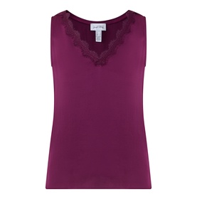 Joseph Ribkoff Berry Burst sleeveless top with V-neckline and floral lace trim detail in deep berry-purple stretch fabric.
