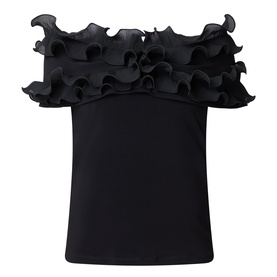 Joseph Ribkoff black off-shoulder top with layered ruffle trim across the neckline, 96% polyester blend