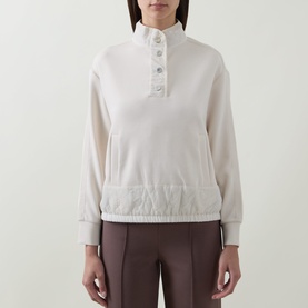 Model wearing Joseph Ribkoff Textured-Trim Sweatshirt in Birch, featuring stand collar, four-button placket and elasticated hem, styled with brown
