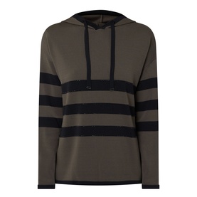 Joseph Ribkoff Striped Hoodie in avocado and black with bold horizontal stripes, drawstring hood, and long sleeves
