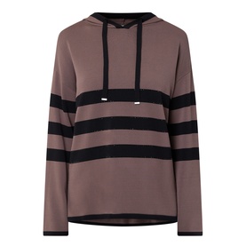 Joseph Ribkoff mink and black striped hooded top with drawstring hood and long sleeves, relaxed fit