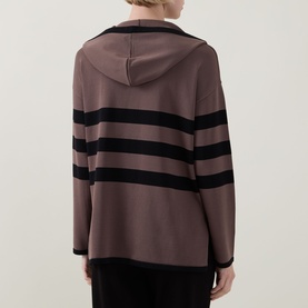 Model wearing Joseph Ribkoff Top in Mink/Black, rear view showing bold black horizontal stripes on hooded knit top with relaxed fit.