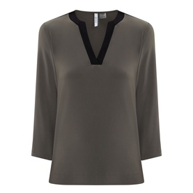 Joseph Ribkoff Contrast Neckline Top in avocado green with black V-neckline trim, three-quarter sleeves, and straight hemline.