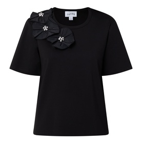 Joseph Ribkoff black short-sleeve top with 3D floral appliqu&eacute; and crystal embellishments at shoulder