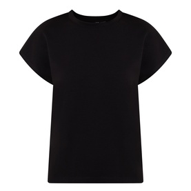 Joseph Ribkoff black short-sleeve top with extended cap sleeves and crew neckline, 65% viscose rayon, 35% nylon