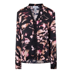 Joseph Ribkoff top in black and pink multi abstract floral print, V-neckline with lace trim, long sleeves with elasticated cuffs