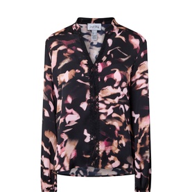 Joseph Ribkoff top in black and pink multi abstract floral print, V-neckline with lace trim, long sleeves with elasticated cuffs