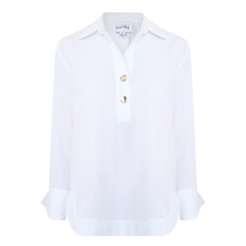 Joseph Ribkoff vanilla top with open collar, gold-tone button detail, and cuffed long sleeves in relaxed fit