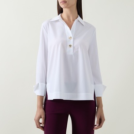Model wearing Joseph Ribkoff Vanilla Top with gold-tone button placket, spread collar, and three-quarter length cuffed sleeves, styled with burgundy