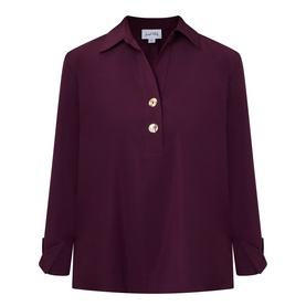Joseph Ribkoff elderberry top with point collar, two gold buttons at placket, and roll-tab long sleeves