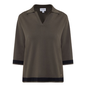 Joseph Ribkoff Top in avocado green with black contrast cuffs and hem, V-neck collar, three-quarter sleeves
